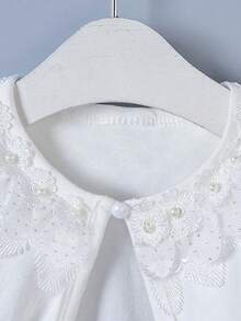 女童蕾丝边长袖披肩开衫外套，儿童正式礼服外套，优雅法式蕾丝短外套，适合小女孩公主裙、生日派对等场合。 - 白色 - 查看 5