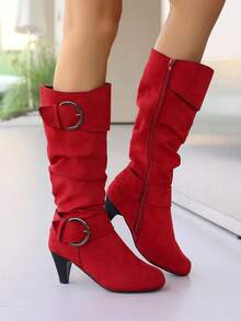 Herbst/Winter Neue europäische & amerikanische Stil Kniehohe Stiefel, Wildleder dünner hoher Absatz, Große Größen, Gürtelschnalle Wadenstiefel - Rot - Übersicht 5