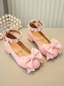 Mädchen Mary Jane Schuhe mit großer Schleife, Perlen-Knöchelriemen und klobigem niedrigem Absatz, Kinder Hochzeits- und Partykleid Schuhe, kleine Mädchen Prinzessin Schuhe - Pink - Übersicht 3
