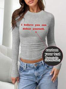 Damen T-Shirt für Herbst/Winter, Langarm, fügen Sie Ihren eigenen Text hinzu, wählen Sie Ihre Lieblingsfarbe und Schriftart, Valentinstag Geschenk Sport - Hellgrau - Übersicht 1