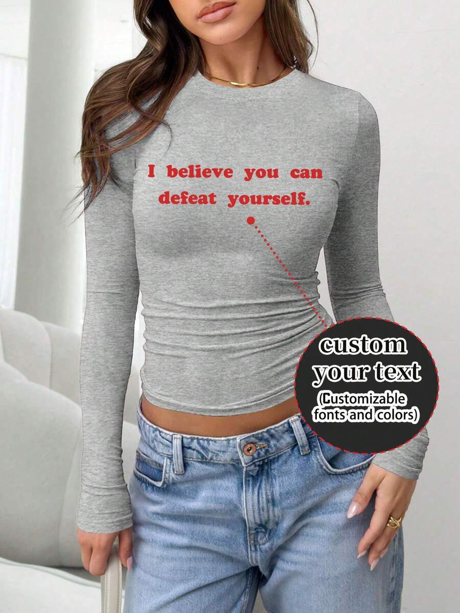 Damen T-Shirt für Herbst/Winter, Langarm, fügen Sie Ihren eigenen Text hinzu, wählen Sie Ihre Lieblingsfarbe und Schriftart, Valentinstag Geschenk Sport - Hellgrau - Übersicht 1