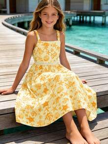 Sweet Summer Vacation Style Girls' Cami Dress, Printed Pattern With Ocean Elements And Lace Trim, Soft And Comfortable - Yellow - View 1