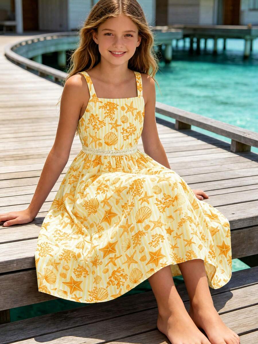 Sweet Summer Vacation Style Girls' Cami Dress, Printed Pattern With Ocean Elements And Lace Trim, Soft And Comfortable - Yellow - View 1