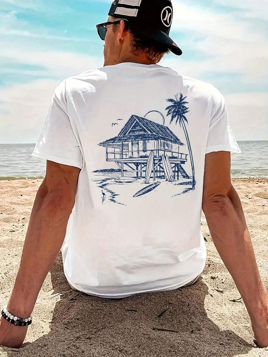 Men's Round Neck Letter Print Short Sleeve T-Shirt, Suitable For Summer Casual Sports - 白色 - 查看 1
