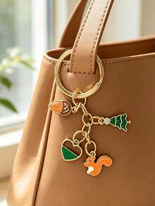 [1pc]Mori Style Squirrel Oil Drop Keychain, Acorn Pine Tree Heart Multi-Charm Bag Pendant, Gold-Plated Mori Style Women's Key Ring, Forest Animal Oil Drop Keychain, Squirrel Acorn Pine Tree Charm Keychain, Fresh Natural Style Bag Pendant, Daily Matching Holiday Gift Accessory - Green + Brown - View 1