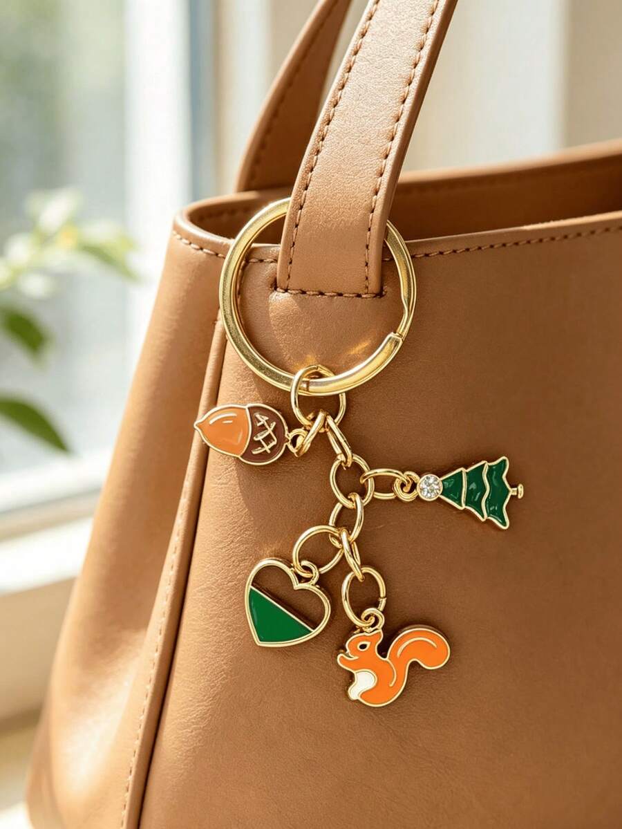 [1pc]Mori Style Squirrel Oil Drop Keychain, Acorn Pine Tree Heart Multi-Charm Bag Pendant, Gold-Plated Mori Style Women's Key Ring, Forest Animal Oil Drop Keychain, Squirrel Acorn Pine Tree Charm Keychain, Fresh Natural Style Bag Pendant, Daily Matching Holiday Gift Accessory - Green + Brown - View 1