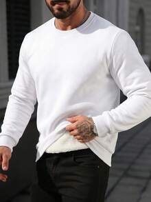 Men's Solid Color Minimalist Pullover Thermal Lined Warm Sweatshirt, Autumn/Winter - White - View 7