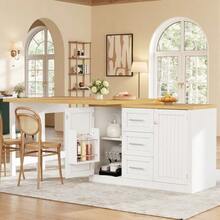 Multifunctional Kitchen Island With Extendable Tabletop, Convertible Countertop, 360° Adjustable Shelves, Snack Shelf, Magnetic Closure And Large Drawer. Modern Design, White. - White - View 4