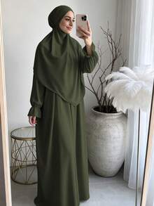 柔軟布料 Khimar 長袍套裝，寬鬆大尺碼長袖保守全身長洋裝，適合中東女性日常街頭穿著 - 彩色 - 查看 33