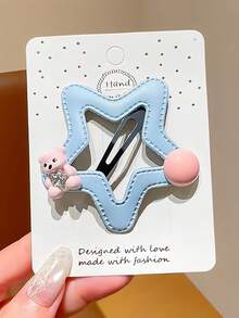 5pcs Cute Hollow Star-Shaped BB Hair Clips, Mini Bear Design With Rhinestone And Pearl Decor, Soft Pink BB Hair Clips, Suitable For Girls' Y2K Style Side-Parted Hair Accessories - Multicolor - View 6