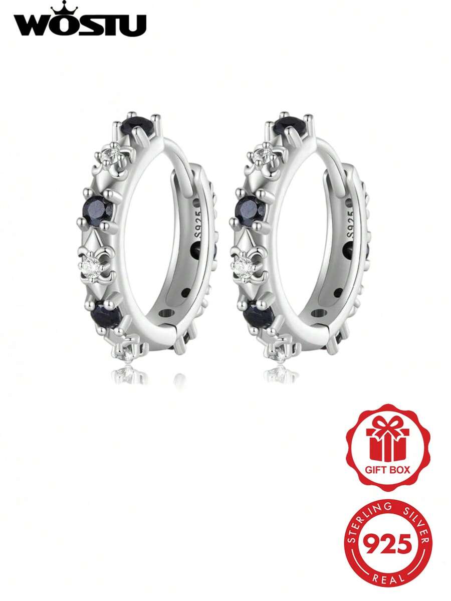 WOSTU 一对925纯银耳环，镶嵌黑色锆石和玛瑙，鸢尾花复古风格夹式耳环，适合女性佩戴，派对珠宝礼品。 - 銀色 - 查看 1