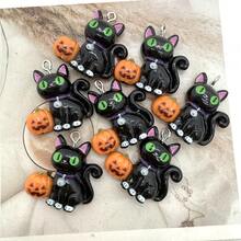 6pcs Resin Halloween Pumpkin Lantern & Black Cat Pendants, Suitable For DIY Jewelry Making, Perfect For Party Accessories, Earrings, Necklaces, Bag Charms - Black Pumpkin Lantern Cat Pendant - View 5
