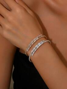 2pcs/Set Women's Elegant Luxury Geometric Design Rhinestone Crystal Bracelet Set, Versatile Elegant, Suitable For Party Wear - Gold + Silver B965 - View 2