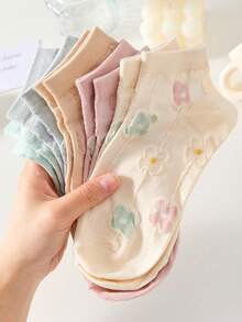 5 Pairs Women's White Ankle Socks, Floral Sports Comfortable Versatile Mid-Calf Socks, Breathable Anti-Slip - Multicolor - View 4