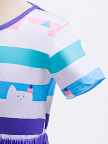 Girls Summer Birthday Party Gift Halloween Carnival Cosplay Striped Print Dress + Skirt Set Kids Costume Dress Random Color - Pink - View 5