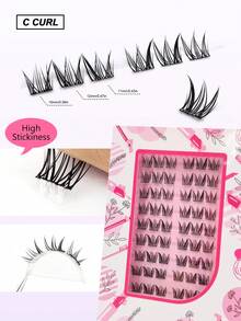 Asiteo 60pcs Natural Pre-Glued False Eyelashes C Curl Self-Adhesive Cluster Lashes Thin Stem Delicate Natural Cartoon Style Single Cluster DIY Glue-Free Makeup Gift For Women And Girls - C - 查看 5