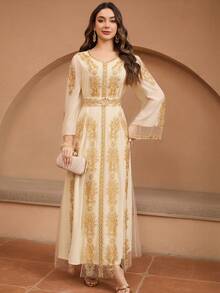 JINLICX Elegant Luxury Solid Color Polyester Beaded Evening Gown For Festivals, Weddings And Formal Events, Spring Summer Autumn - Apricot - View 1