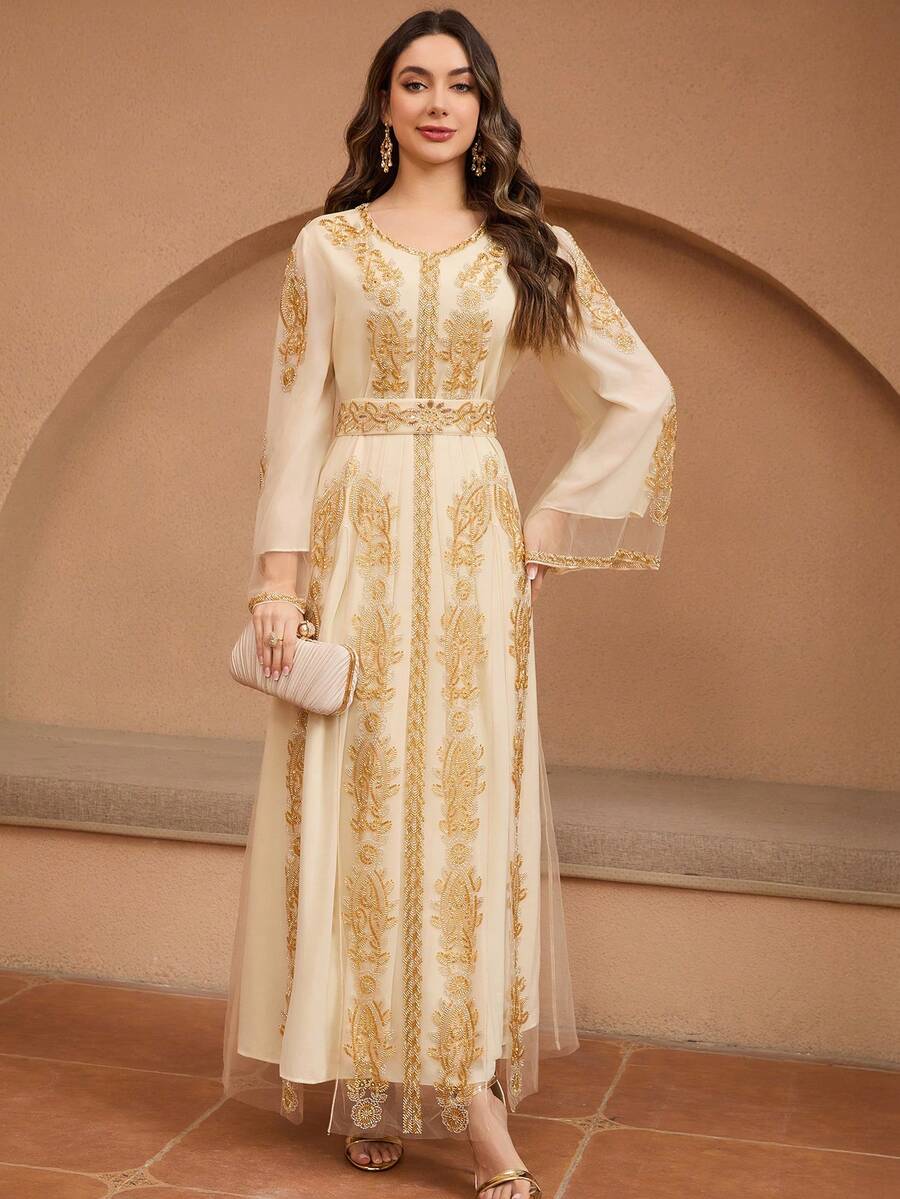 JINLICX Elegant Luxury Solid Color Polyester Beaded Evening Gown For Festivals, Weddings And Formal Events, Spring Summer Autumn - Apricot - View 1