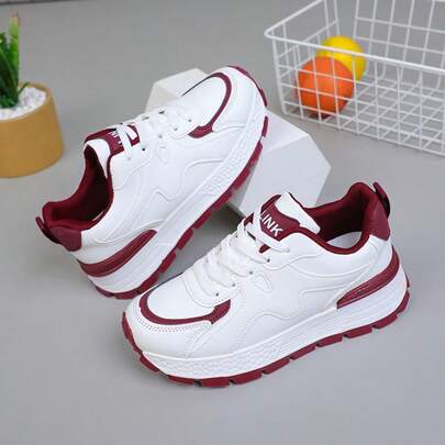 Women's Thick Sole Platform Colorblock Chunky Sneakers, Comfortable Lace-Up Breathable Casual Sports Shoes, Round Toe Flat Heel Easy-To-Wear Versatile Everyday Shoes, Fashion Street Style Spring Autumn Winter Red White PU Running Shoes