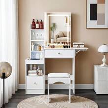 Dressing Table Set With Mirror And Stool, Adjustable LED Light Vanity Table, 3 Drawers Makeup Desk With Sliding Mirror - White #2 - View 4