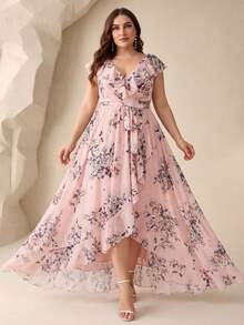 UNITHORSE [Non-Positioning Flower] V-Neck Ruffle Collar Detachable Tie Asymmetrical Ruffle Hem Printed Bridesmaid Dress - Baby Pink - View 4
