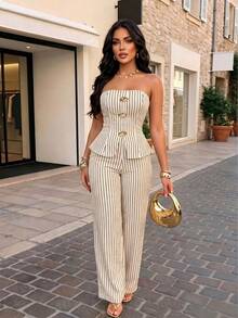 AIJ Amarilo Elegant Women's Strapless Gold Buckle Striped Two Pieces Set, Made Of Medium Stretch Fabric, Creating A Sexy Casual Look Summer - Apricot - View 1