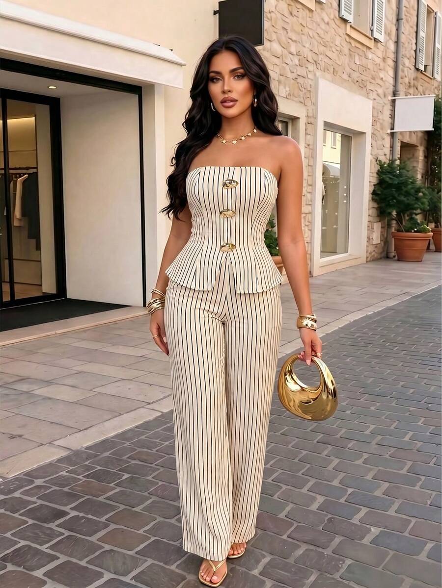 AIJ Amarilo Elegant Women's Strapless Gold Buckle Striped Two Pieces Set, Made Of Medium Stretch Fabric, Creating A Sexy Casual Look Summer - Apricot - View 1