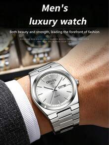 1 pieza Reloj de inoxidable impermeable y luminoso de moda, con pantalla de fecha y día, reloj de pulsera de cuarzo casual, adecuado para que los hombres lo usen en Halloween, Navidad, Día del Padre, cumpleaños, regreso a la escuela, estudiante, vacaciones, Día de San Valentín, citas, negocios, uso diario, regalo, festival de música, temporada de bodas y otras ocasiones - Blanco - Ver 2