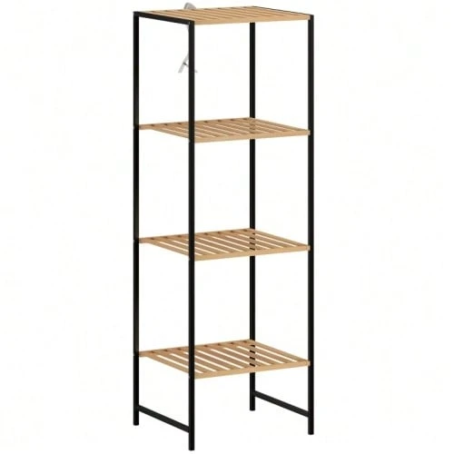 Freestanding Bathroom Shelf In Bamboo And Steel, 4 Tiers, 36.5 X 33 X 110 Cm, Natural Color - Natural Color - View 1