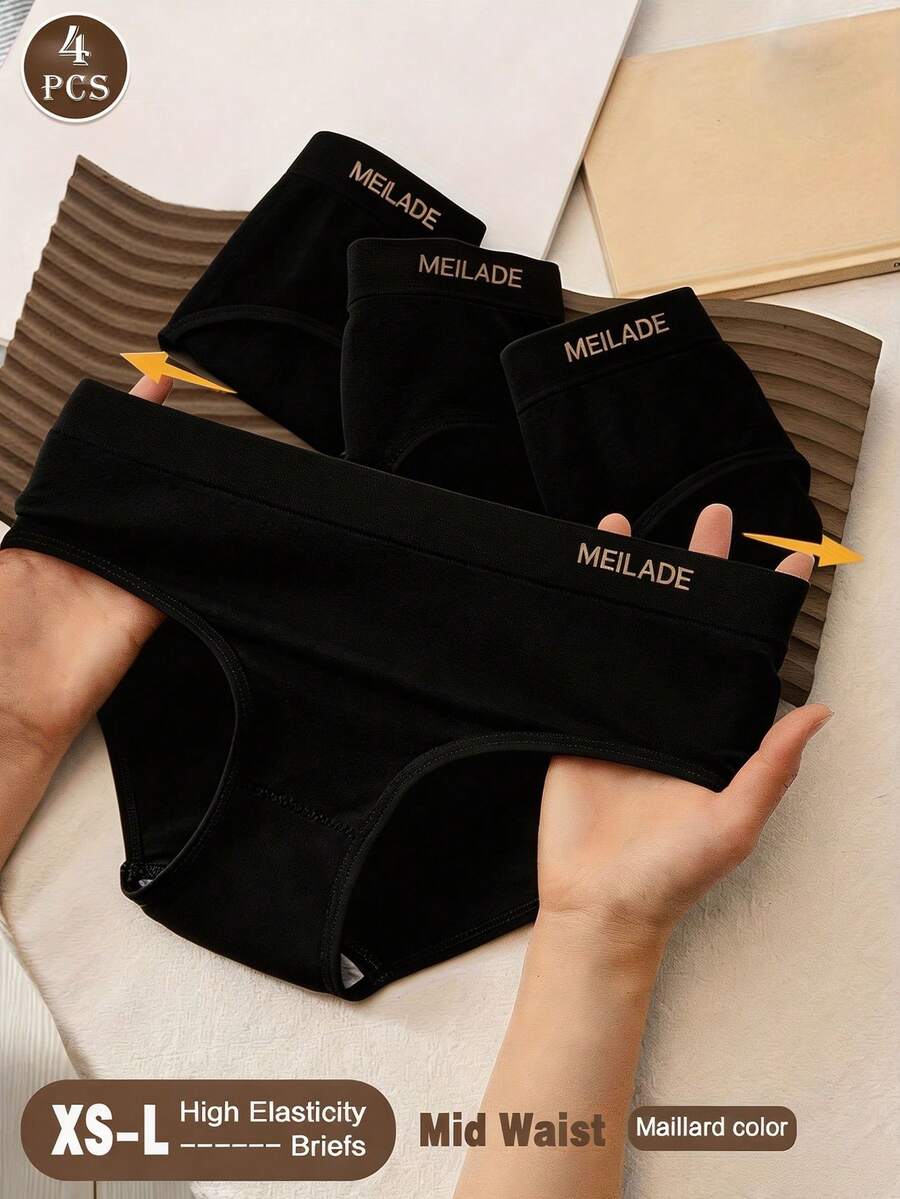 4pcs Seamless Mid-Waist Panties, Maillard Color Comfortable High Elasticity Triangle Briefs - Black - View 1
