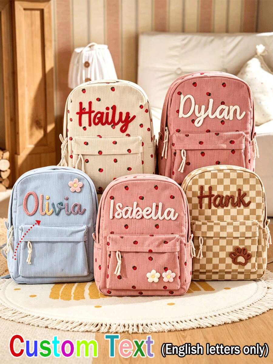 Ransel Nama Kustom dengan Motif Kotak-kotak Stroberi, Ransel Perjalanan Kapasitas Besar dengan Kompartemen Laptop - MultiWarna - View 1