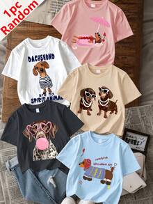 Girls Casual Dog Print T-Shirt, Fashion Dachshund Pattern, Short Sleeve, Soft And Comfortable Fabric, Campus Daily Wear - Apricot - View 1