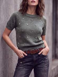 Women's Solid Color Rhinestone Decor French Elegant Minimalist Knit Short Sleeve Top, Suitable For Daily Casual, Date, Party Wear - Grey - View 1