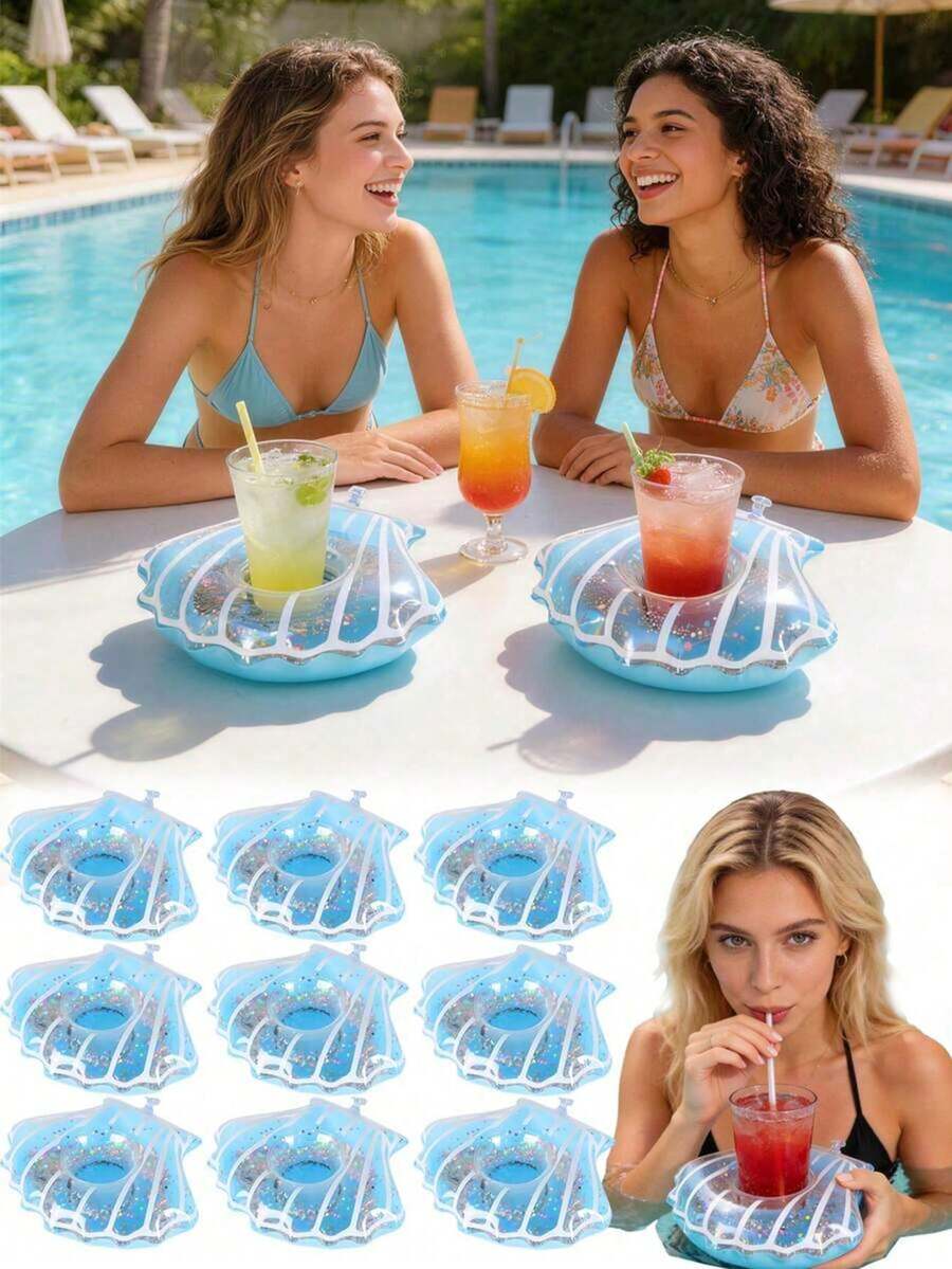 Shiny Shell Inflatable Drink Holder/Floating Mat, Inflatable Drink Holder, Shiny Shell Inflatable Drink Holder, Reusable Shiny Shell Inflatable Drink Holder/Floating Mat, Suitable For Pool Parties, Summer Garden And Swimming Activities, Spa, Fashionable Colorful Spherical Home Party Decoration, Summer Travel Essential