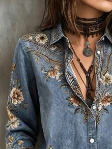 女款波希米亞風花卉刺繡襯衫，長袖翻領上衣，適合秋季穿著，長款梭織布料上衣，獨特細節設計 - 霧霾藍 - 查看 4