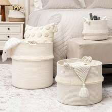 1pc Extra Large Handwoven Storage Basket - Bohemian Style, With Cute Tassel Decoration, Decorative Basket, Laundry Basket, Suitable For Storing Magazines, Toys, Blankets And Clothes, Home Decor - Home Storage Container. - White - View 3