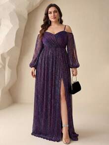 UNITHORSE Sequin Embellished V-Neck Long Sleeve Slit Evening Party Dress - Purple - View 4