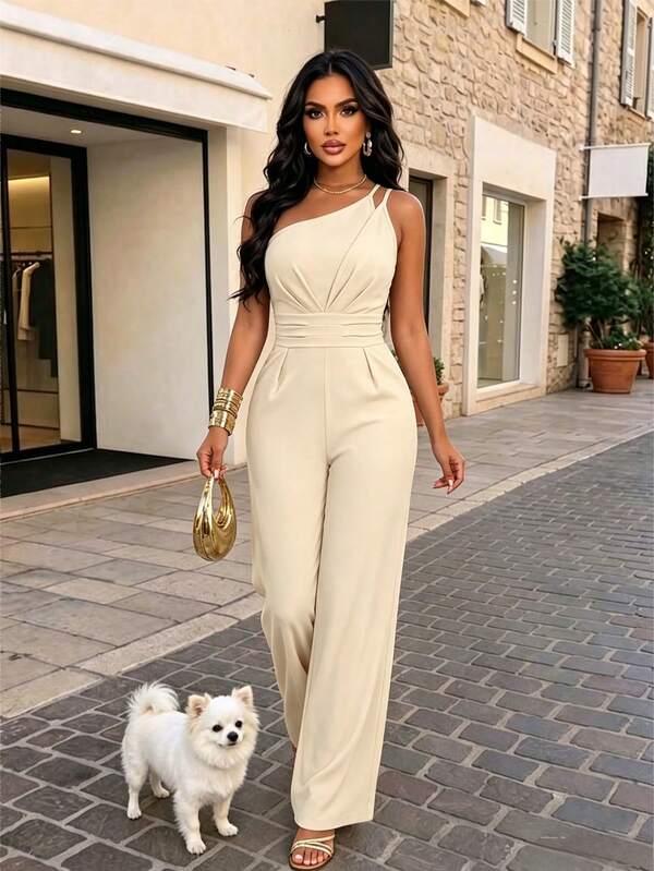 Women's Elegant One-Shoulder Sleeveless Long Jumpsuit, Pleated Details, Woven Fabric, Suitable For Fashionable Daily Wear Summer