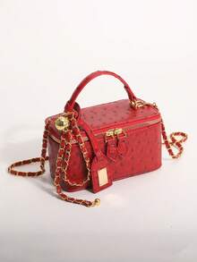 Vintage Festive Red Ostrich Skin Textured Small Square Box Bag With Gold Adjustable Chain, Evening & Commute Handbag For Women - Red - View 4