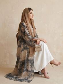 Hafizah 女款穆斯林端莊時尚雪紡印花兩件套，含希賈布，夏季休閒外套 - 杏色 - 查看 5