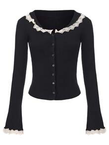 Women's Ribbed Knit Pullover Sweater With Contrast Lace Trim And Button Detail, Long Sleeve Regular Fit Cardigan - Black - View 8