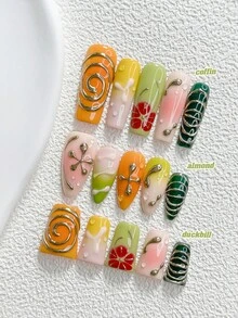 10Pcs Retro Style Handmade Press On Nail,Polygel Nail Set,Floral,Coil ,Color Blocking And Blending,Pink,Green,Yellow,Orange,Red Nail Polish,Simple Style,Includes Nail Tools,3 Sizes Available,Almond,Duck,Coffin Nails For Party,Dance,Daily Wear. - 彩色 - 查看 1