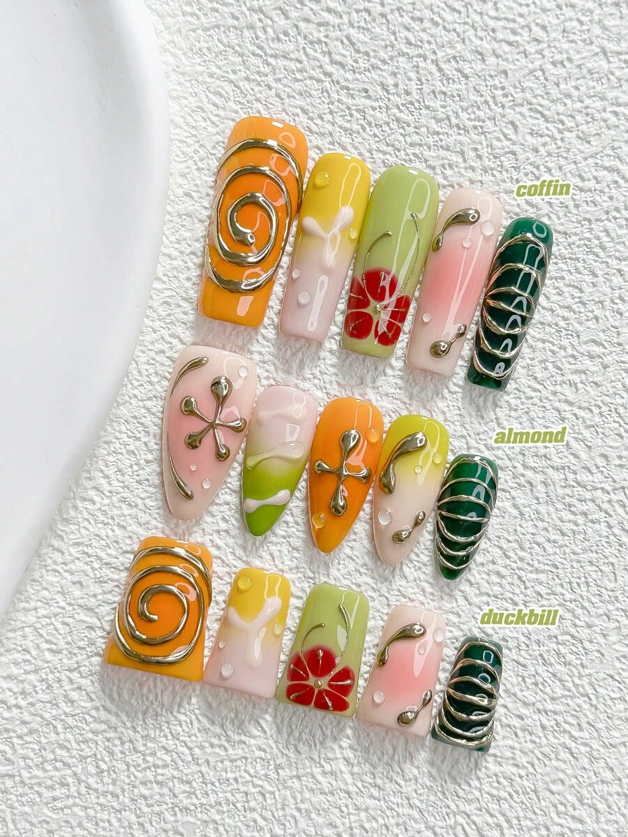 10Pcs Retro Style Handmade Press On Nail,Polygel Nail Set,Floral,Coil ,Color Blocking And Blending,Pink,Green,Yellow,Orange,Red Nail Polish,Simple Style,Includes Nail Tools,3 Sizes Available,Almond,Duck,Coffin Nails For Party,Dance,Daily Wear. - 彩色 - 查看 1