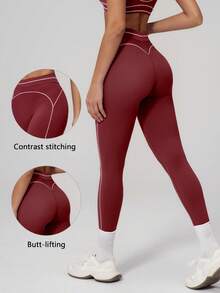 TimeOff Pantalones deportivos de mujer 1 pieza con bloques de color, decoración de línea blanca, cintura alta, control de abdomen, largo hasta el tobillo - Burdeos - Ver 1