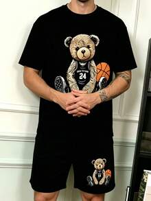 Men's Summer Solid Color Basketball Bear Print Short Sleeve & Shorts 2-Piece Pajama Set, Streetwear Cool Home Loungewear - Multicolor - View 4