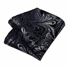 Black & Silver Paisley Pattern Tie 4-Piece Set, Includes Tie, Pocket Square, Cufflinks, Gold Tie Clip, Suitable For Business Meetings, Weddings, Banquets - Black - View 5