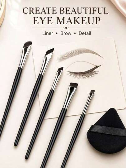 1 Set Of 5 Precision Eye Makeup Brushes And 1 Black Brush, Including Sickle-Shaped Eyeliner Brush, Angled Eyeliner Brush And Brow Brush, Easily Create Beautiful Eye Makeup. Convenient For Travel, Perfect Choice For Eyes (Makeup Brush Set)