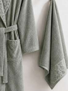 Diamond Pattern Jacquard Shawl Collar Bathrobe - S/M - L/XL - Made In Turkey - Olive Green - View 3