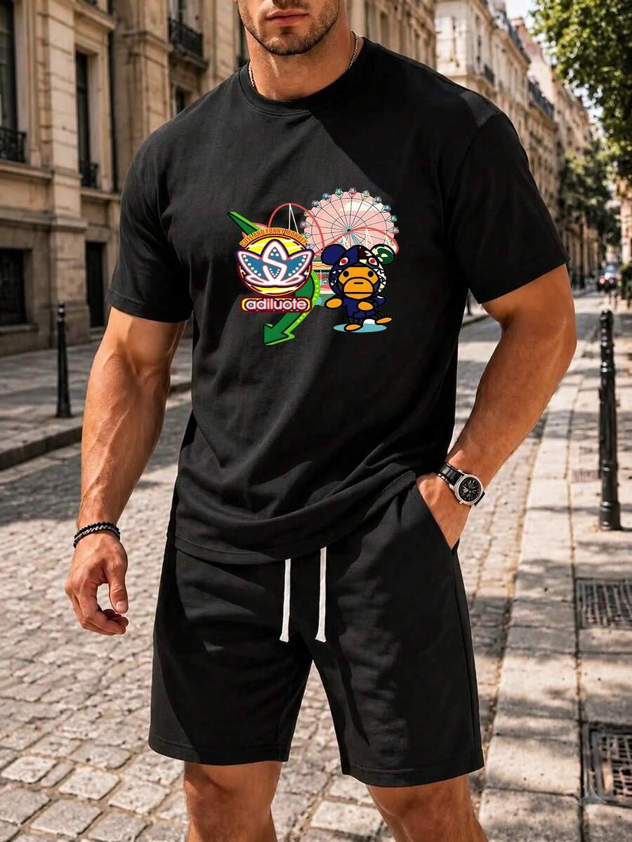 Men Wave Line Print Short Sleeve Soft Cotton Tee - 黑色 - 查看 1