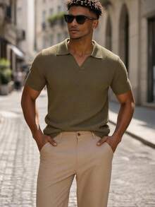 Men's Polo Collar Short-Sleeved Knit Sweater - Olive Green - View 1